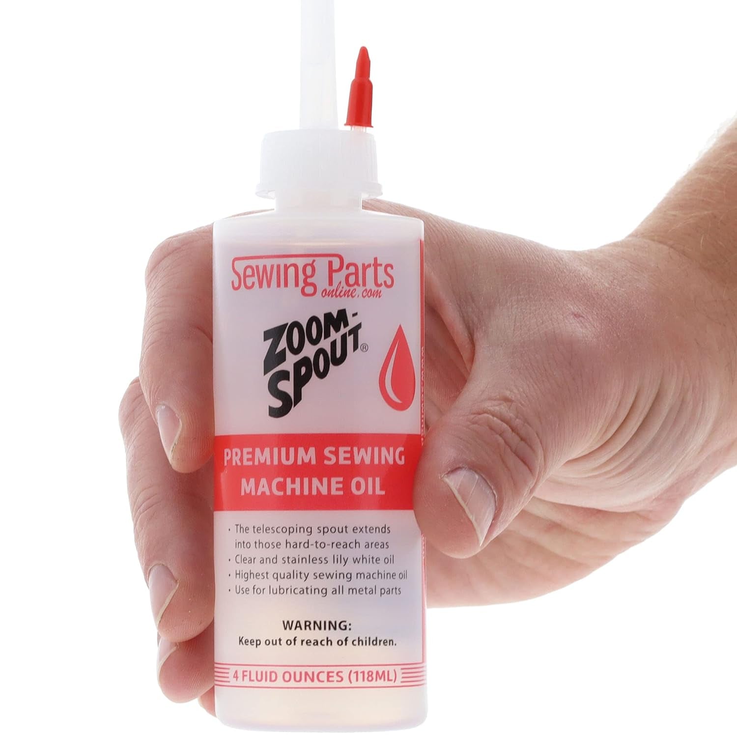 Premium Sewing Machine Oil with Zoom Spout Oiler | 4FL OZ of Stainless Lily White Oil with Flexible Telescoping Spout, Ideal for Sewing and Textile Machinery - by