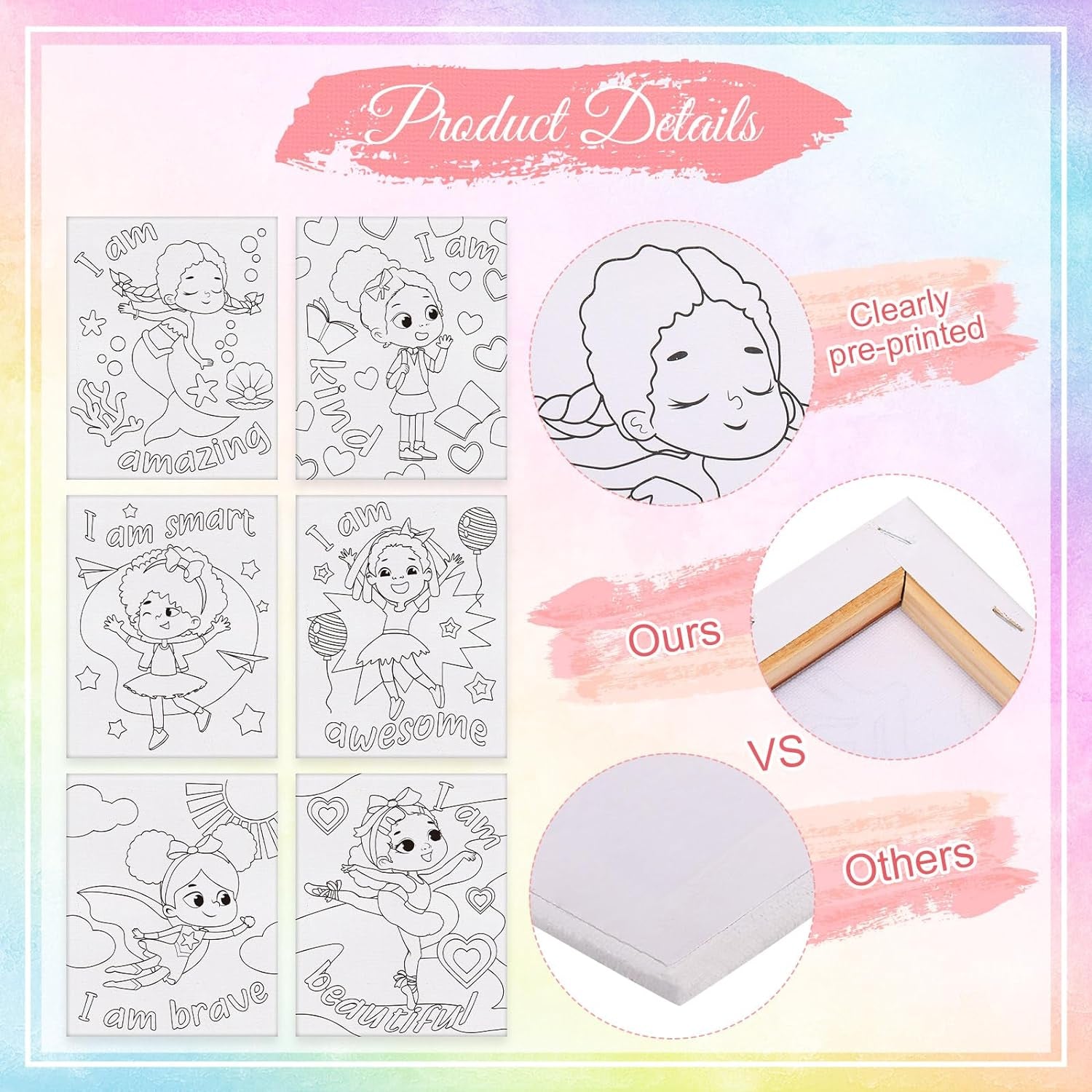6 Pieces Black Girl Pre Drawn Canvas for Painting 8 X 10 Inch Pre Drawn Stretched Canvas Stretched Outline Canvas Sip and Paint Kit for Adults Kids Paint Birthday Gifts