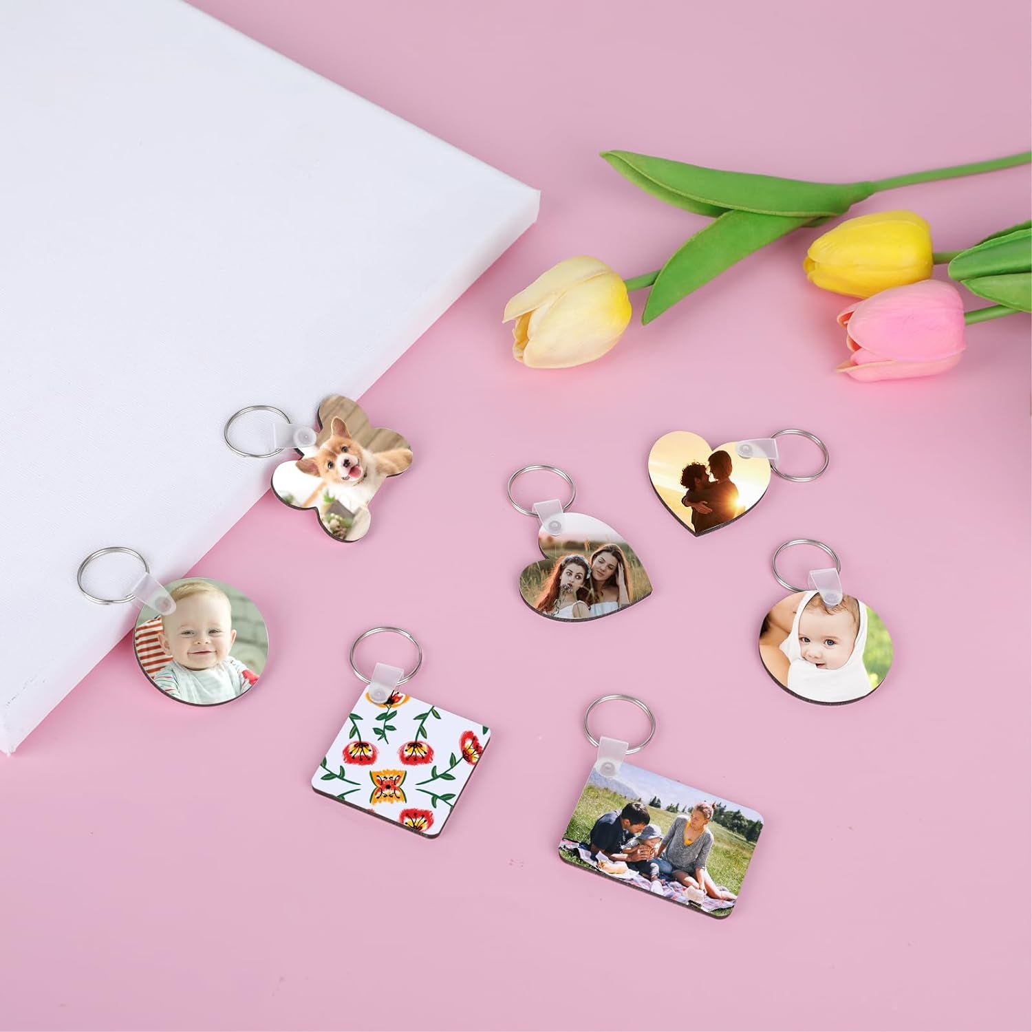 135Pcs Sublimation Keychain Blanks Bulk,Mdf Keychain Double Sided Heat Transfer Keychain Board with Film,Key Rings, Plastic Retaining Clips for DIY and Craft(Round, Rectangle, Bone, Square, Heart)