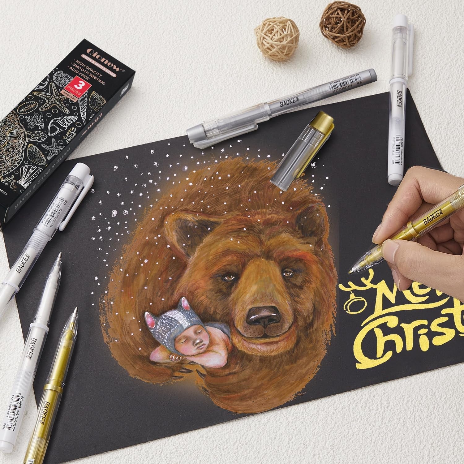 3 Colors Gel Pen Set - White, Gold and Silver .1Mm Extra Fine Point Pens Gel Ink Pens Opaque Archival Ink Pens for Black Paper Drawing, Sketching, Illustration, Card Making, Bullet Journaling