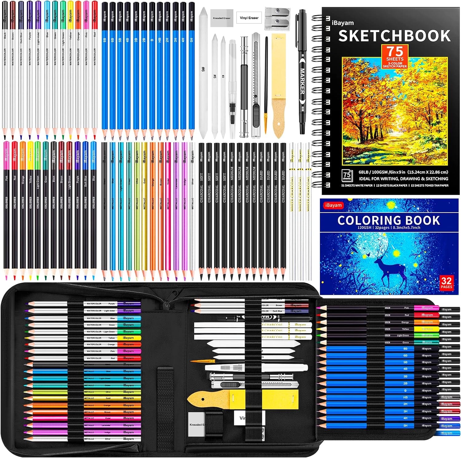 78-Pack Drawing Set Sketching Kit, Pro Art Supplies with 75 Sheets 3-Color Sketch Pad, Coloring Book, Charcoal, Metallic, Colored Watercolor, Graphite Pencils for Artists Adults Kids Beginners