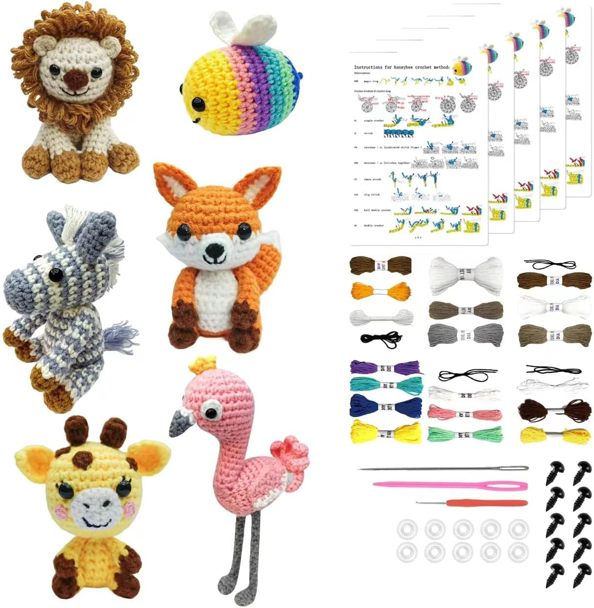 6Pcs Crochet Kit for Beginners, 2024 DIY Craft for Adults and Kids, Great Gift for Crochet Lovers, Crochet Animal Kits with Step by Step Videos,Yarn,Crochet Hook,Birthday Gift, Holiday Gift