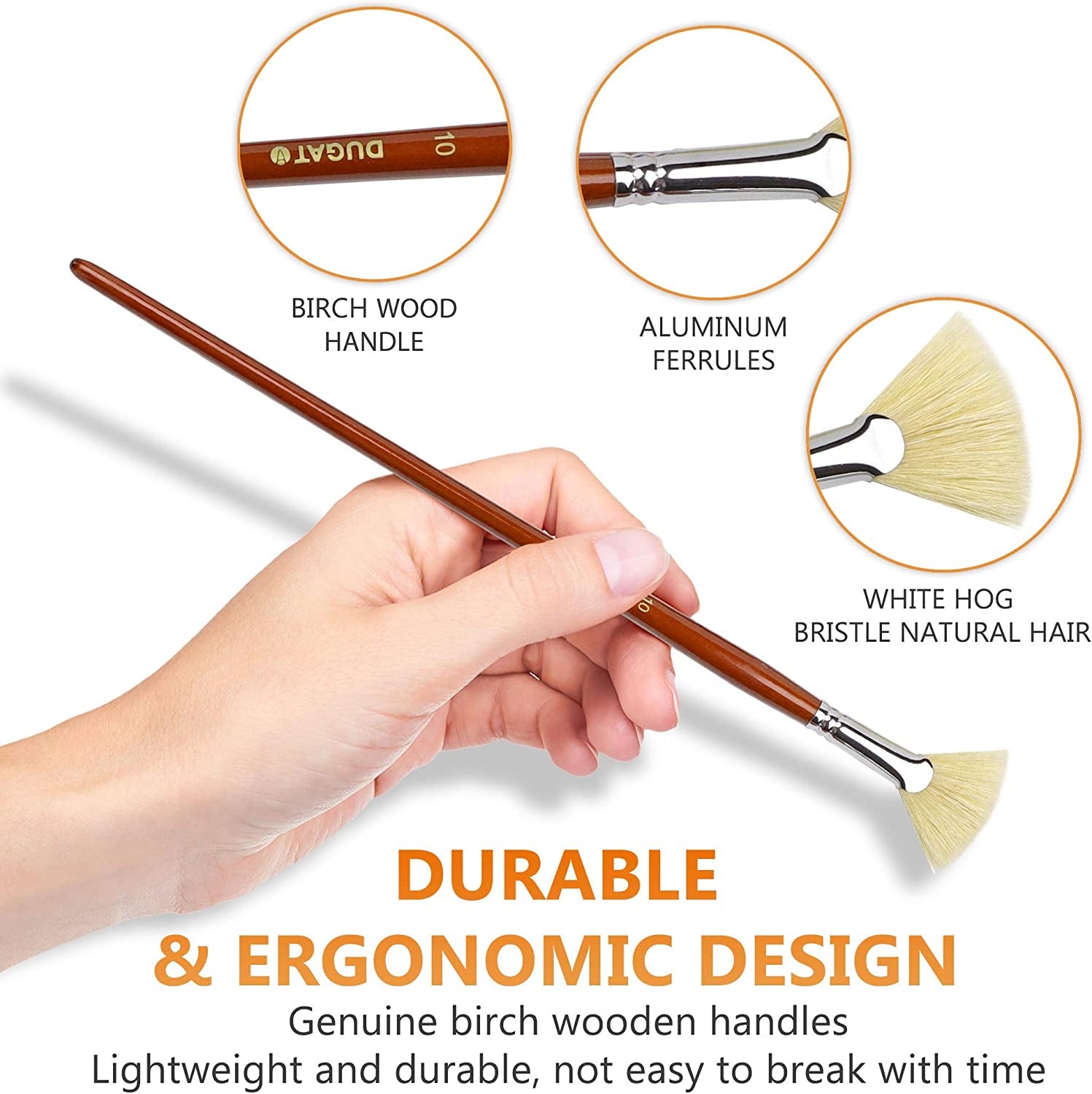 Artist Fan Paint Brush Set of 7, White Hog Bristle Natural Hair Anti-Shedding Brush Tips, Long Wooden Handle for Comfortable Holding, Great for Acrylic Watercolor Oil Painting