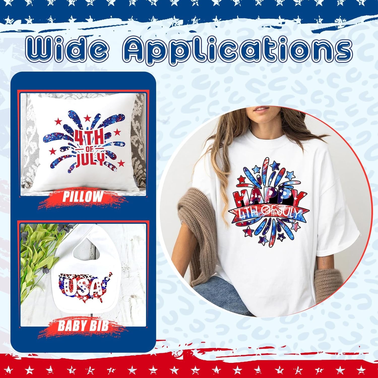 4Th of July American Flag HTV Vinyl - 10 Pcs 12Inches X10 Inches US Flag Patterned HTV Patriotic HTV Heat Transfer Vinyl Red White Blue HTV Iron on Vinyl Compatible with Cricut/Cameo