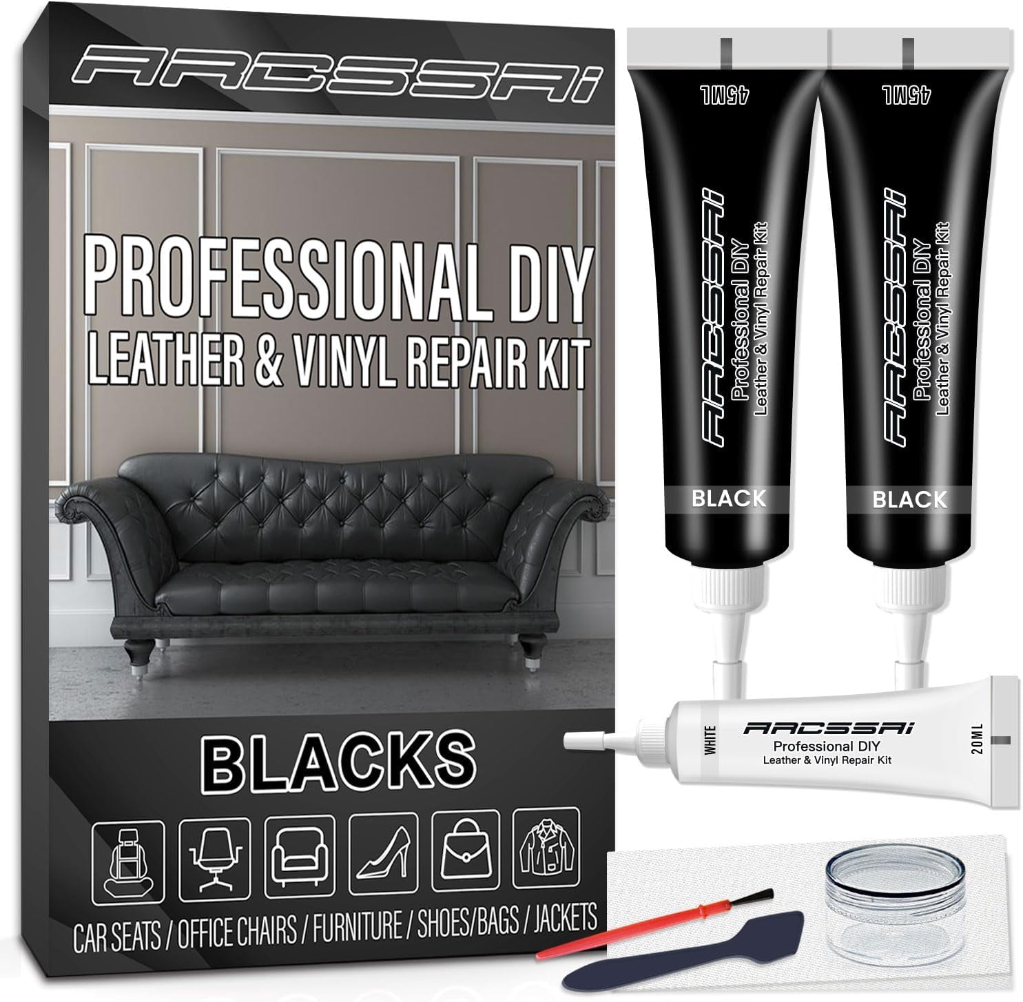 Black Leather Repair Kit for Car Interior, Leather Seat Repair Kit for Cars, Vinyl Repair Kit Repairs Tears &amp; Burn Holes from Furniture, Jacket, Chair, Sofa and Purse, with Color Matching Guide