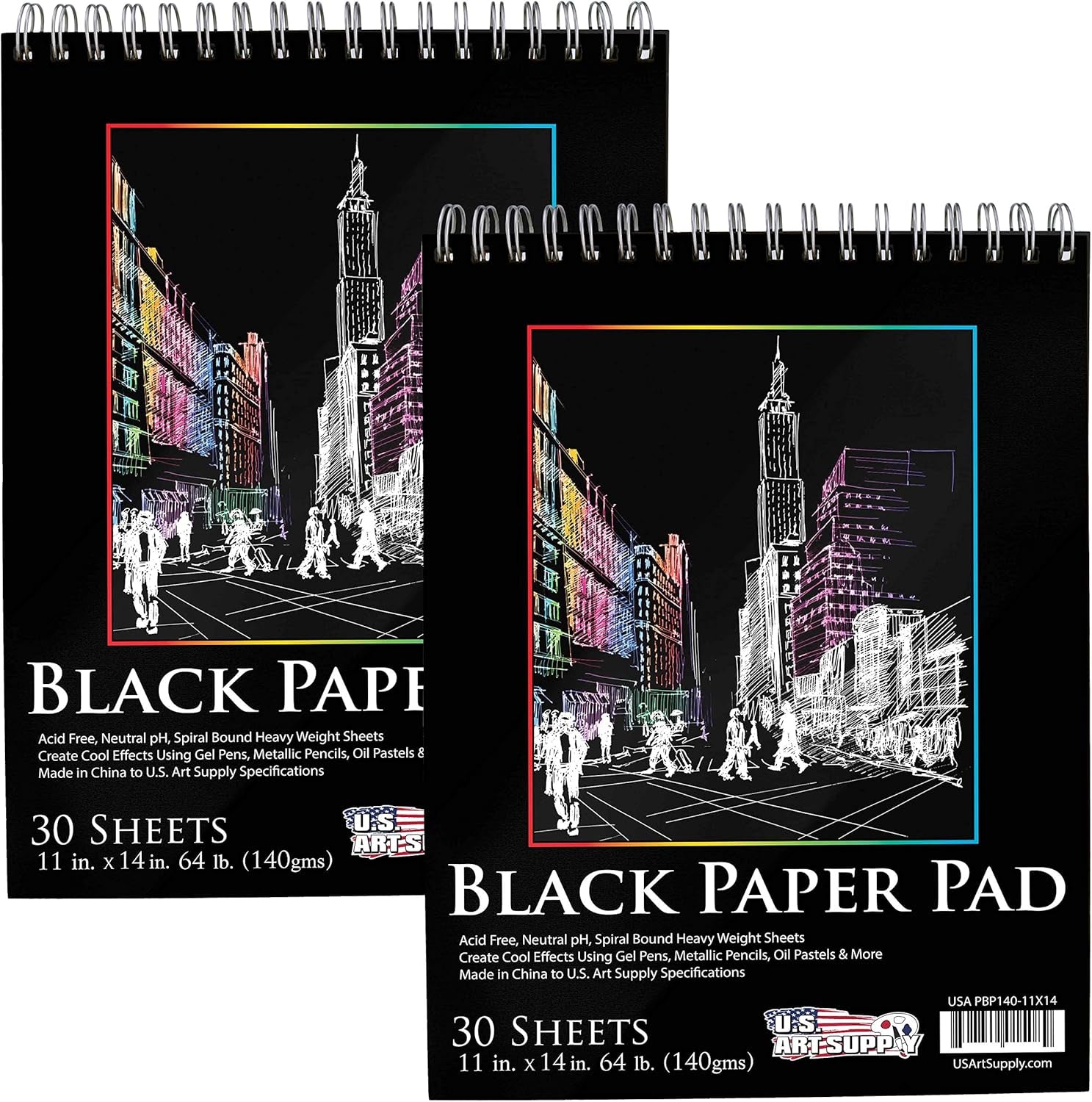11" X 14" Premium Black Heavyweight Paper Sketch Pad, Pack of 2, 30 Sheets Each, 64Lb (140Gsm) - Spiral Bound Artist Drawing Paper - Colored Pencils, Gel Pens, Oil Pastels