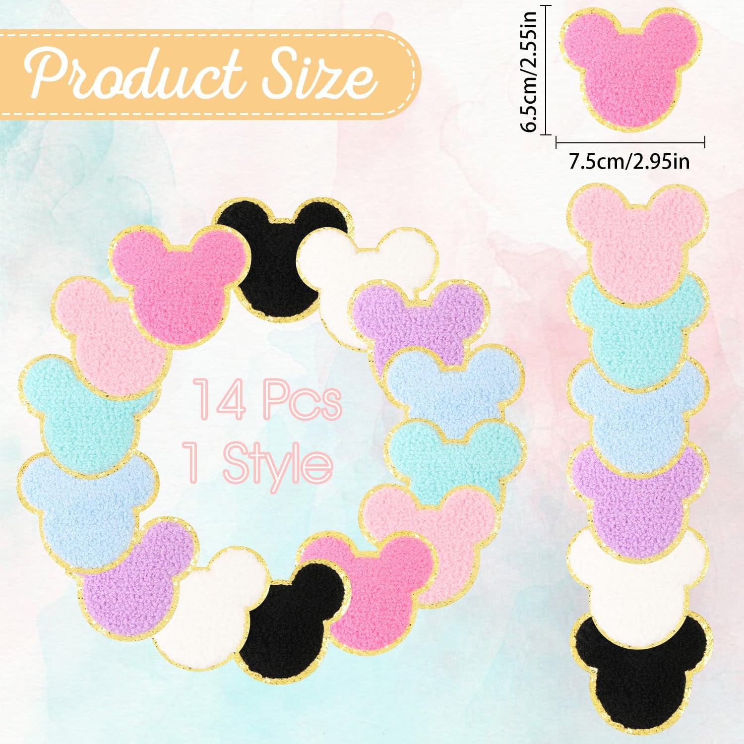 14 Pcs Chenille Mouse Patches,  Iron on Mouse Head Patches Cute Chenille Embroidered Applique Patch for Clothing Sew on Glitter Gold Trimmed Mouse Decorative Patch for DIY Decors