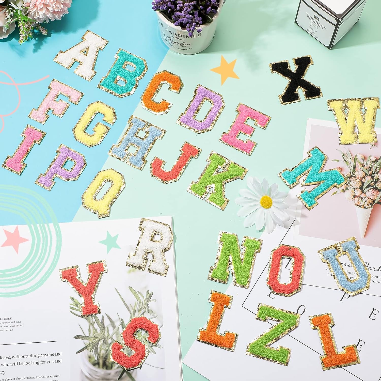 52 Pieces Chenille Letter Patches A-Z Alphabet Iron on Patches Bulk Gold Glitter Border Repair Embroidered Patch for Clothing Caps Sweaters Bags Jackets Shirt(Bright Color, Cute Style)