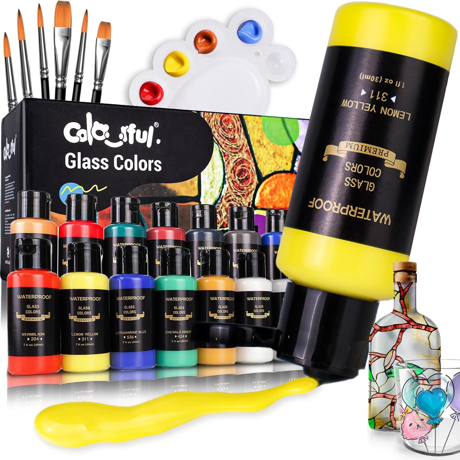Stain Glass Paint Set with 6 Brushes, 1 Palette & 1 Sponge, 26 Colors Waterproof Permanent Glass Painting Kit for Arts on Wine Glasses,Bottle and Windows