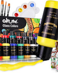 Stain Glass Paint Set with 6 Brushes, 1 Palette & 1 Sponge, 26 Colors Waterproof Permanent Glass Painting Kit for Arts on Wine Glasses,Bottle and Windows