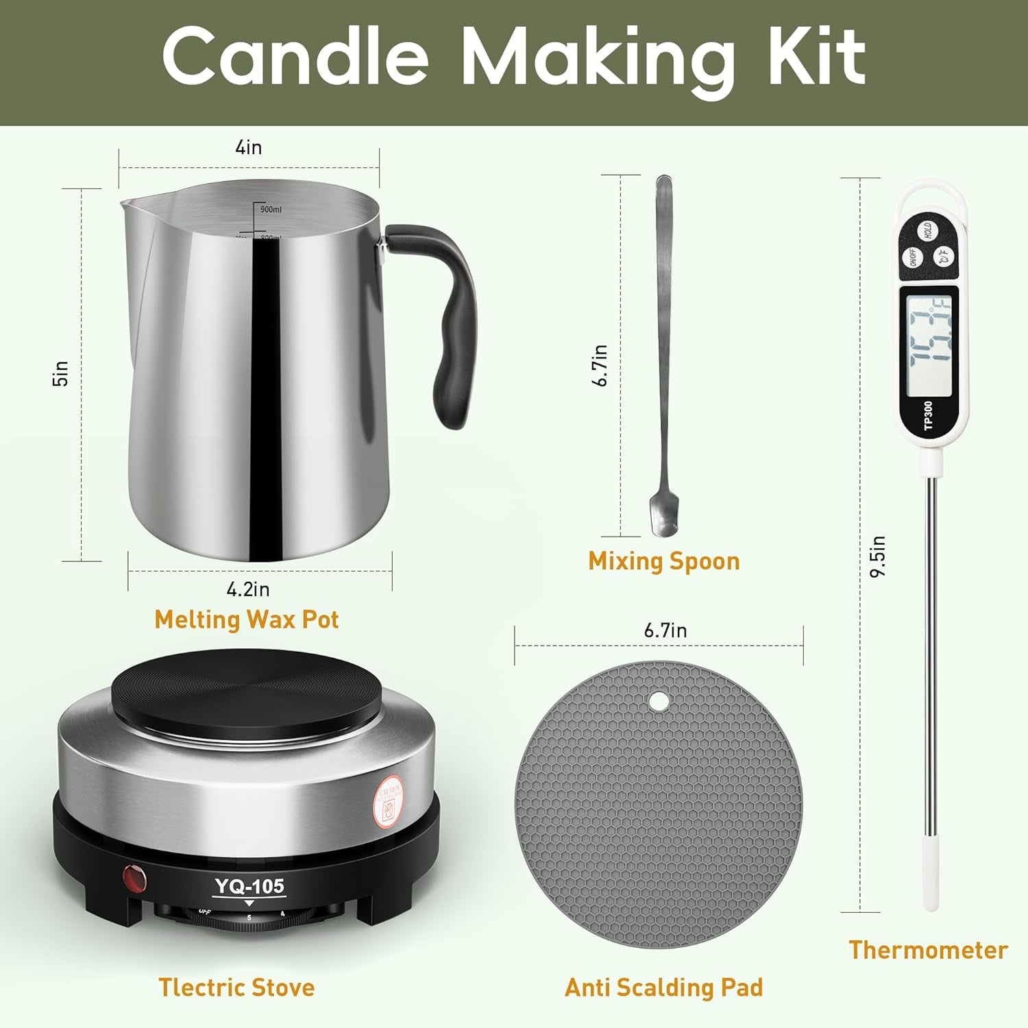 Candle Making Kit with Hot Plate, Candle Making Supplies with Wax Melting Pot, Stirring Spoon, Anti-Scalding Pad, Thermometer for Adults Beginners, Candle Making Pouring Pot