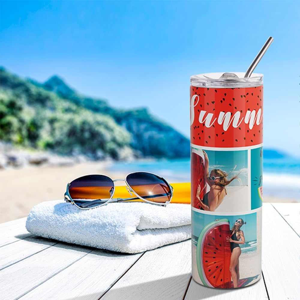 Skinny 20 OZ Straight Stainless Steel White Tumbler with Metal Straw for Heat Press Machine Printing 4 Pack