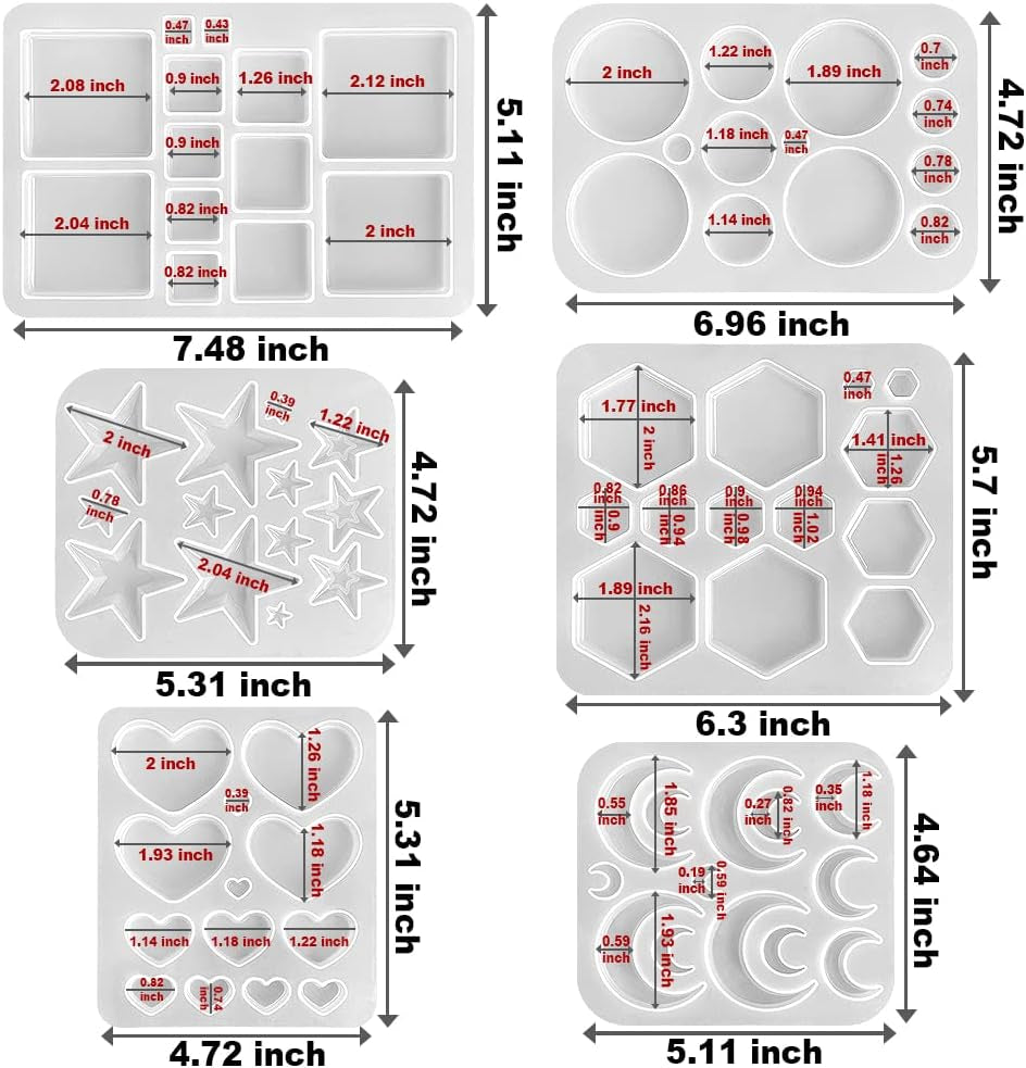 Multi-Functional Small Silicone Molds Set for Resin, Earrings Resin Molds, Hexagon round Crescent Moon Pentagram Heart Molds for Keychain Badge Reel Pendant Charm Earrings Jewelry Making