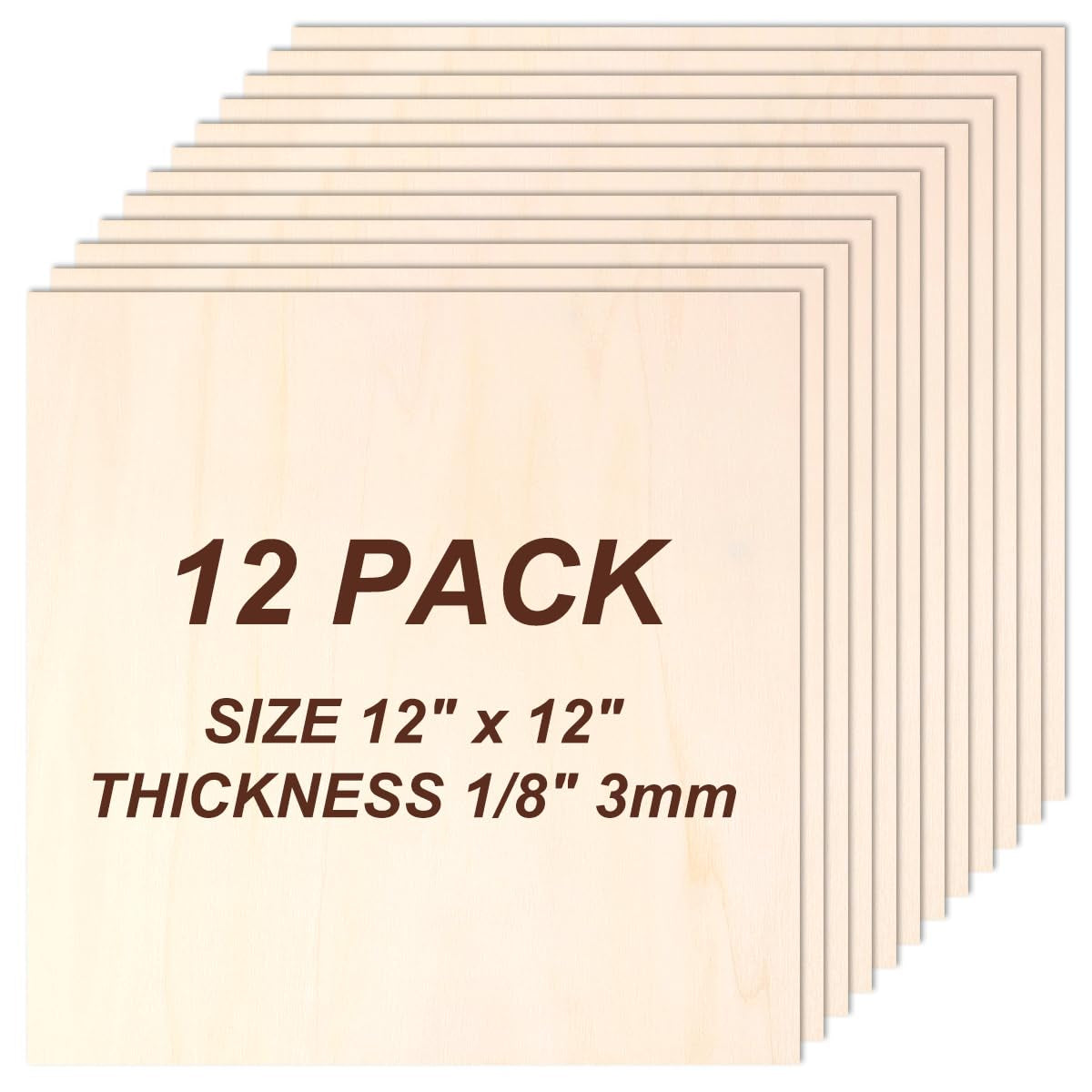 Basswood Sheets 12"X12"X 1/8", 12 Pack Plywood Sheets 3Mm with Smooth Surfaces for Laser Cutting Engraving, Unfinished Wood for Crafts, Wood Burning, Architectural Models, Staining