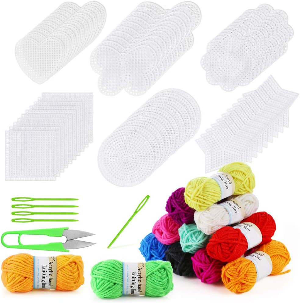 33 Pieces Mesh Plastic Canvas Sheets Kit Including 15 Pieces Clear Plastic Canvas, 12 Color Acrylic Yarn and Embroidery Tools for Embroidery Plastic Canvas Craft