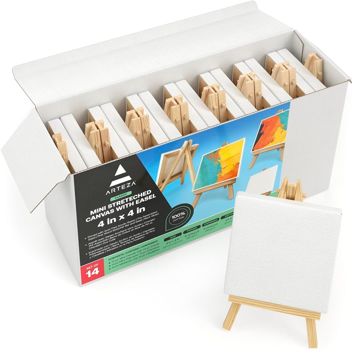 Small Canvases with Easels, 4 X 4 Inches, Pack of 14, Blank White Stretched Canvas for Acrylic, Oil and Gouache Painting