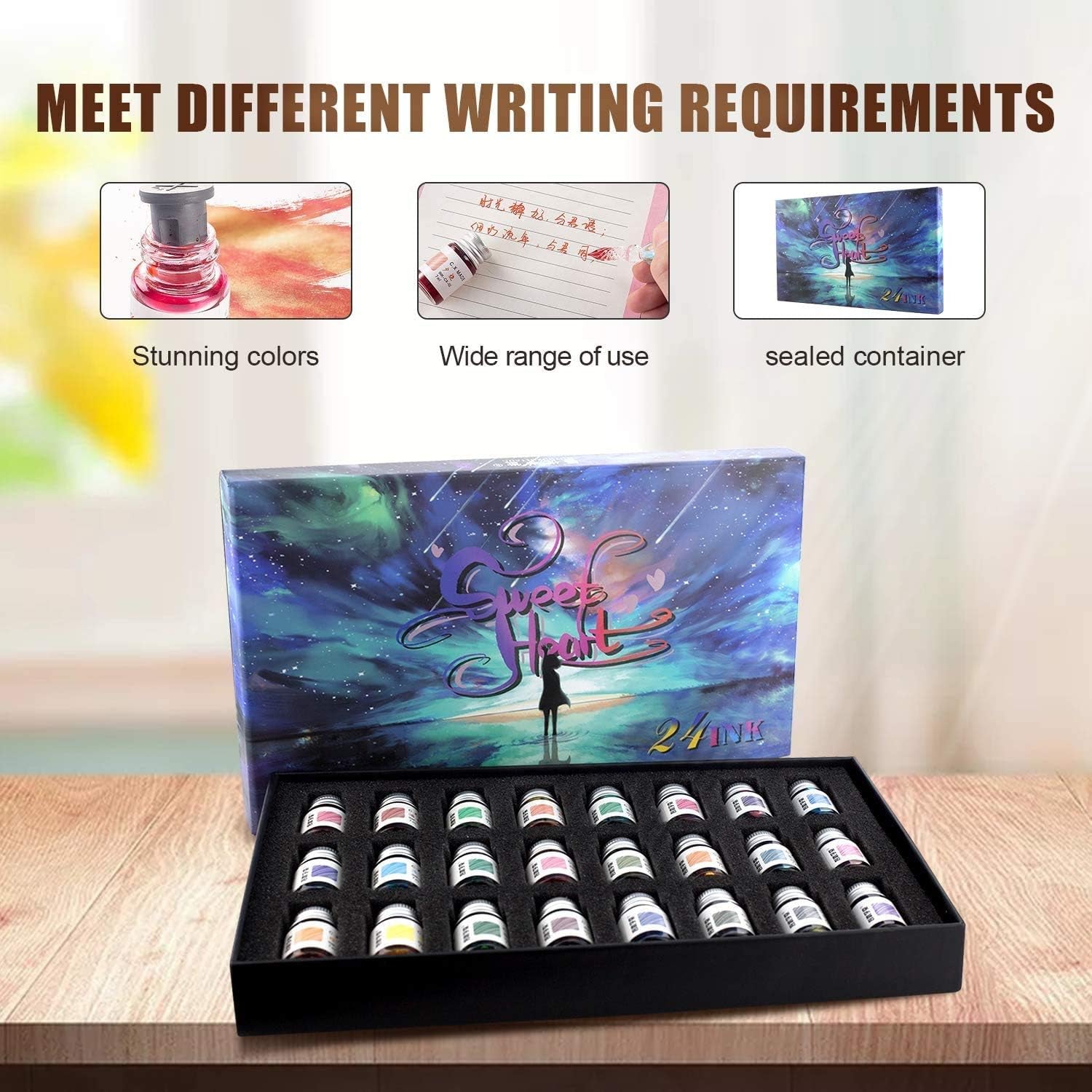 24 Colors Calligraphy Ink Set, Calligraphy Fountain Glass Dip Pen Color Ink Caligrapher Pen Ink Bottle Set, Gold Powder Drawing Writing Art Ink with Gift Box - 24 X 7Ml