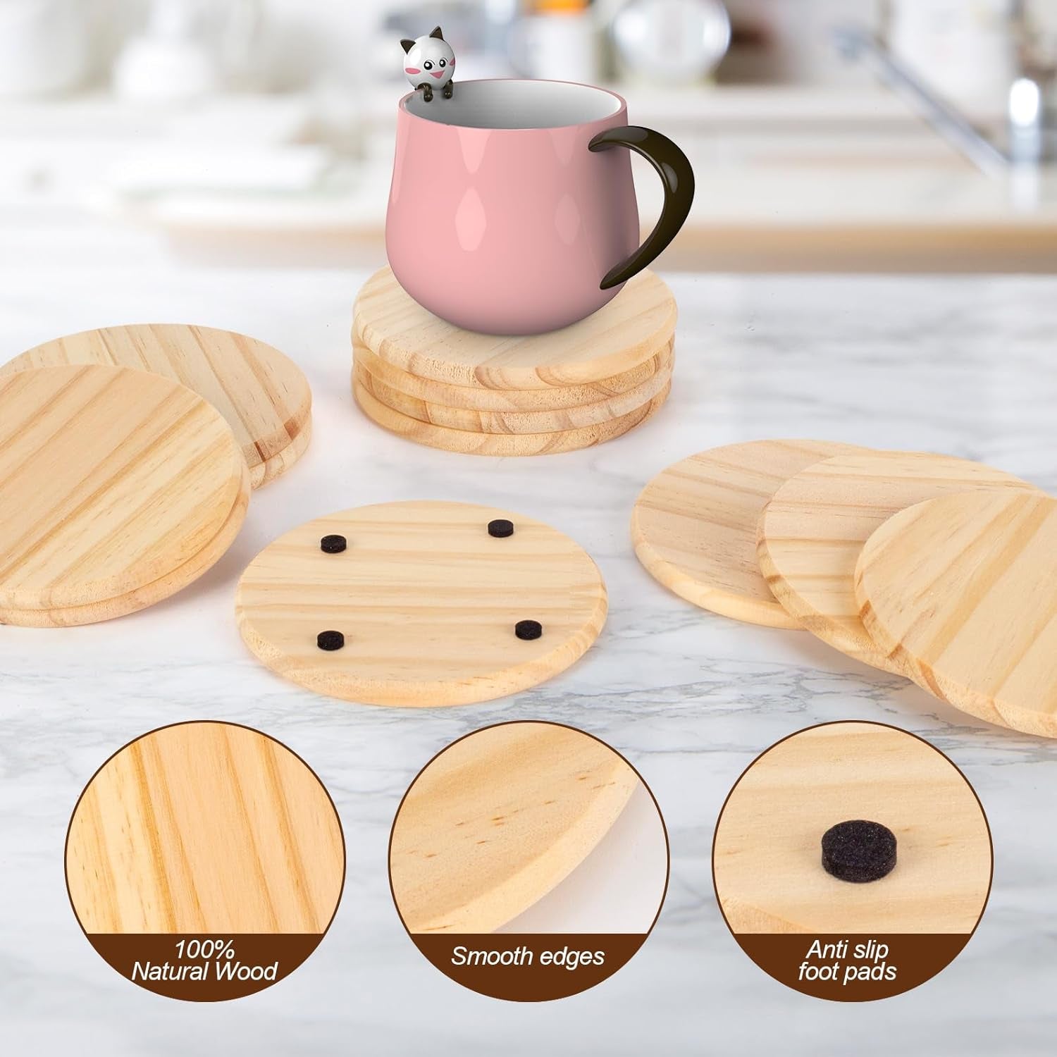 12PACK Unfinished Wood Coasters, 4 Inch round Blank Wooden Craft Coasters Wood Slices for DIY Architectural Models Drawing Painting Wood Engraving(With Non-Slip Dot Stickers)