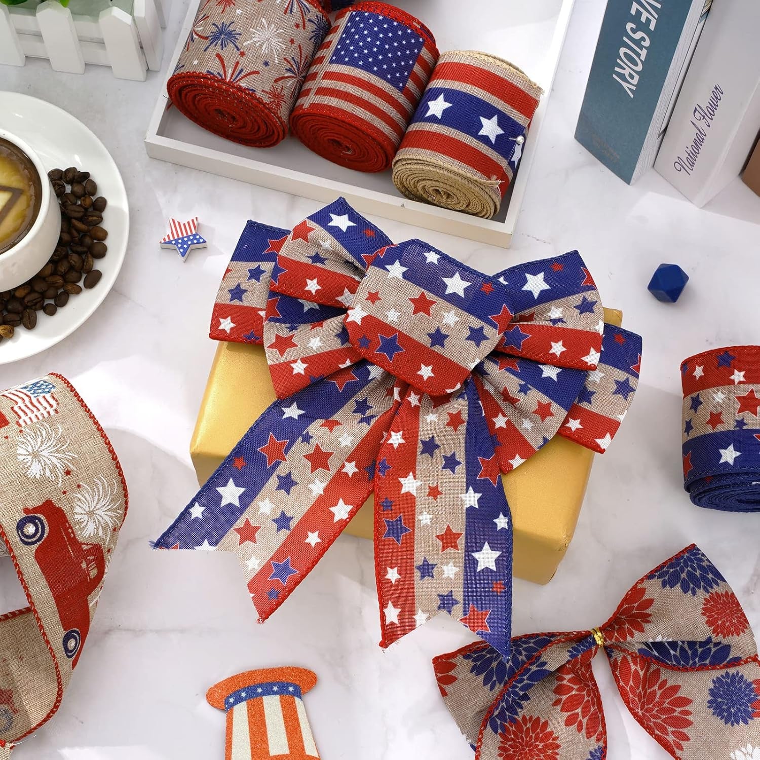 Patriotic Wired Edge Ribbon 36 Yards Red Blue White American Flag Ribbon 2.5 Inch 4Th of July Stars Stripes Fabric Ribbon for Independence Day Memorial Day Wreath DIY Craft, 6 Roll