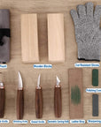 Wood Carving Tools Pack of 11- Includes Black Walnut Handle Wood Carving Knife,Whittling Knife,Hook Knife,Polishing Compound,Sharpening Stone,Cut Resistant Gloves,Wood Carving Kit for Beginners.
