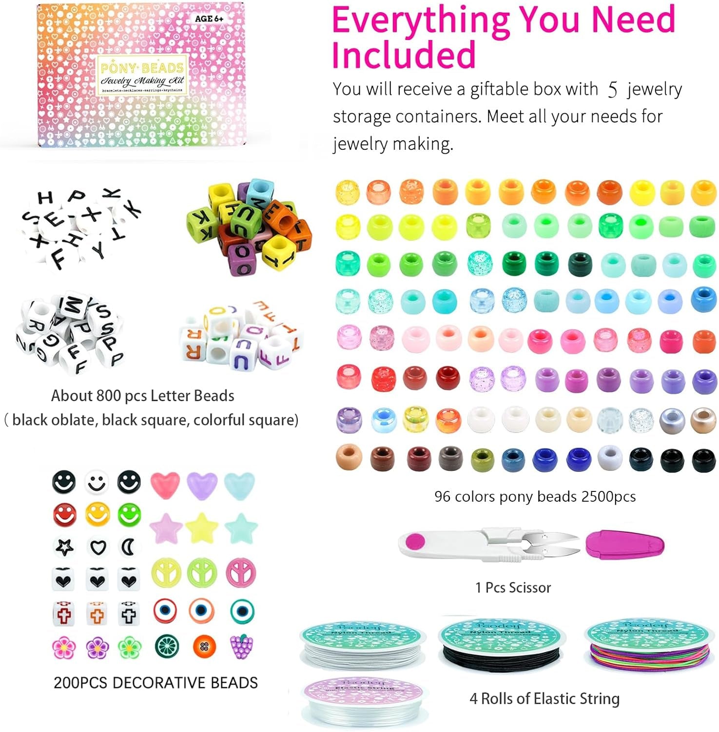 5 Boxes Bracelet Making Kit Pony Beads, 96 Colors 6X9Mm Friendship Bracelet Kit Large Plastic Kandi Beads for Bracelets with 800Pcs Letter Bead Bulk Crafts Gift for Kids Adults DIY Jewelry Toys