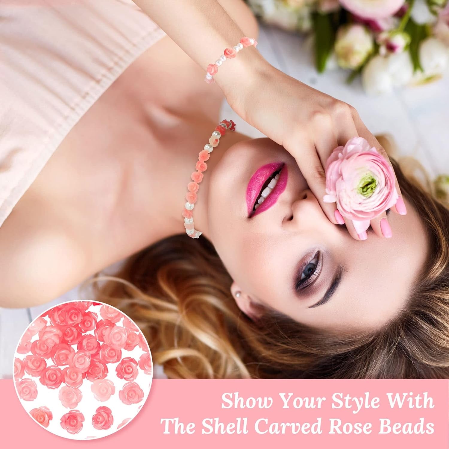 50Pcs Rose Beads Pink Shell Rose Carved Loose Beads Floral Cameos Spacer Bead for Buddha Mala Jewelry Making Necklace Bracelet Supplies Scrapbooking DIY Crafts Wedding Decors