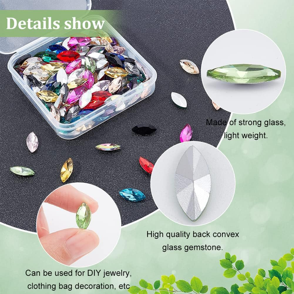128 Pcs 16 Colors Pointback Horse Eye Shaped Gem Stones 0.6X0.3 Inch Glass Rhinestones Gems Jewels Embelishments with Silver Plated Back Crystals Rhinestones for Crafts Jewelry Making