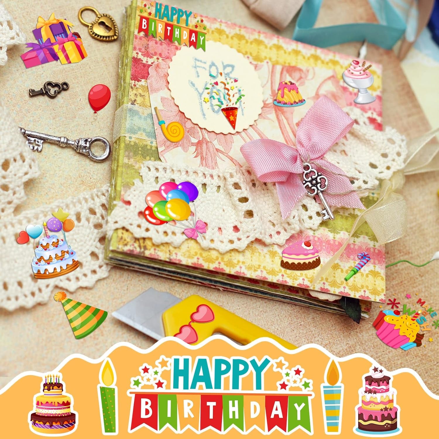 100 Pcs Birthday Paper Die Cuts Cardstock Birthday Scrapbook Die Cuts DIY Scrapbooking Cutouts for Birthday Scrapbook Notebook Suitcase Calendar Laptop Embellishments Supplies Craft Making Decoration
