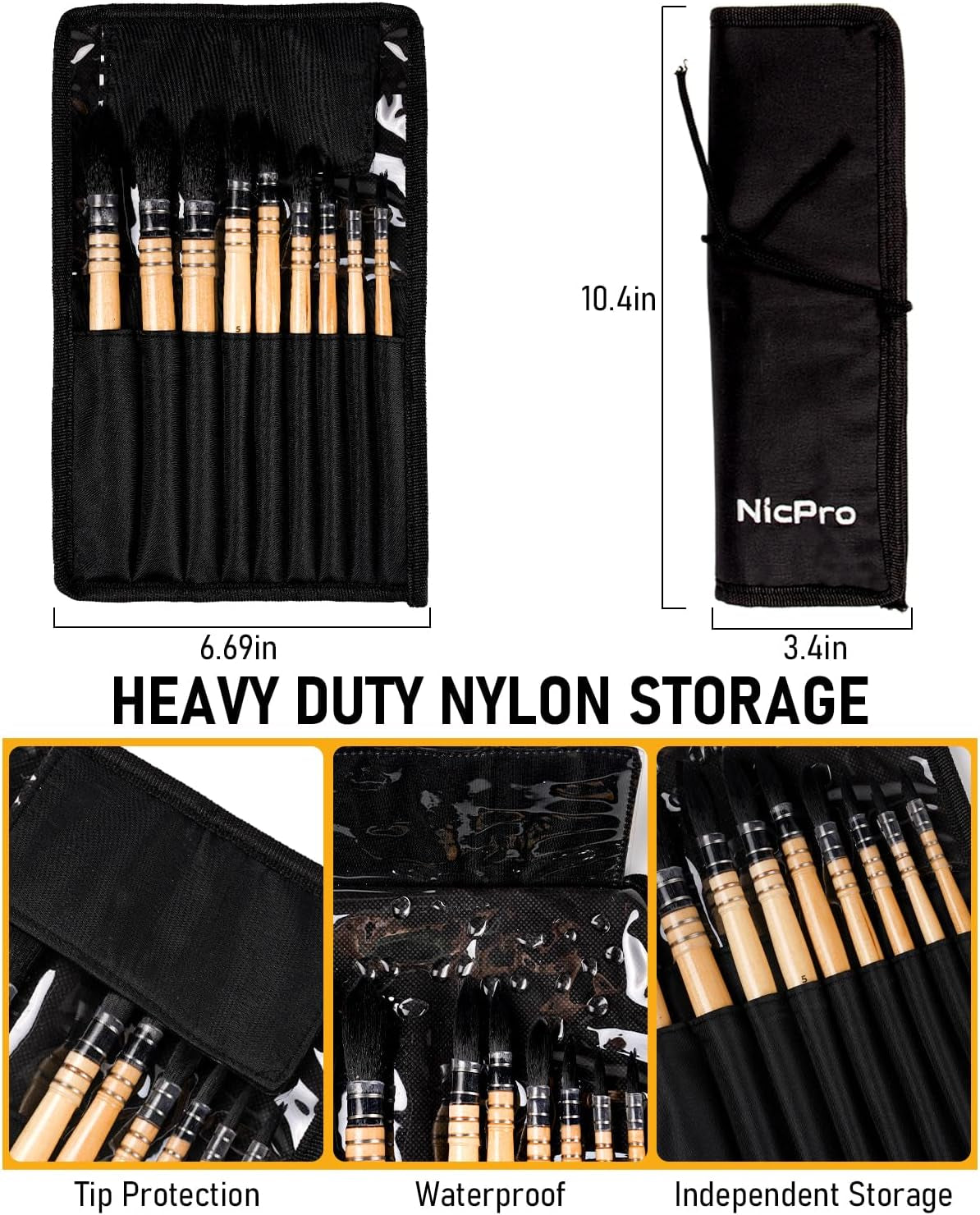 Professional Watercolor Paint Brushes with Nylon Bag, 9 PCS Mop Paintbrush, round Synthetic Squirrel Hair, Bulk Paint Brushes for Watercolor Painting, Gouache, Acrylic, Oil, Wood Color