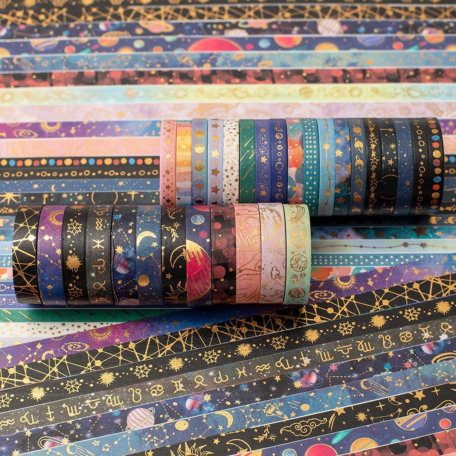 Skinny Galaxy Washi Tape Set 30 Rolls Gold Foil Decorative Starry Space Masking Tapes for Arts, DIY Crafts, Journals, Planners, Scrapbook, Wrapping