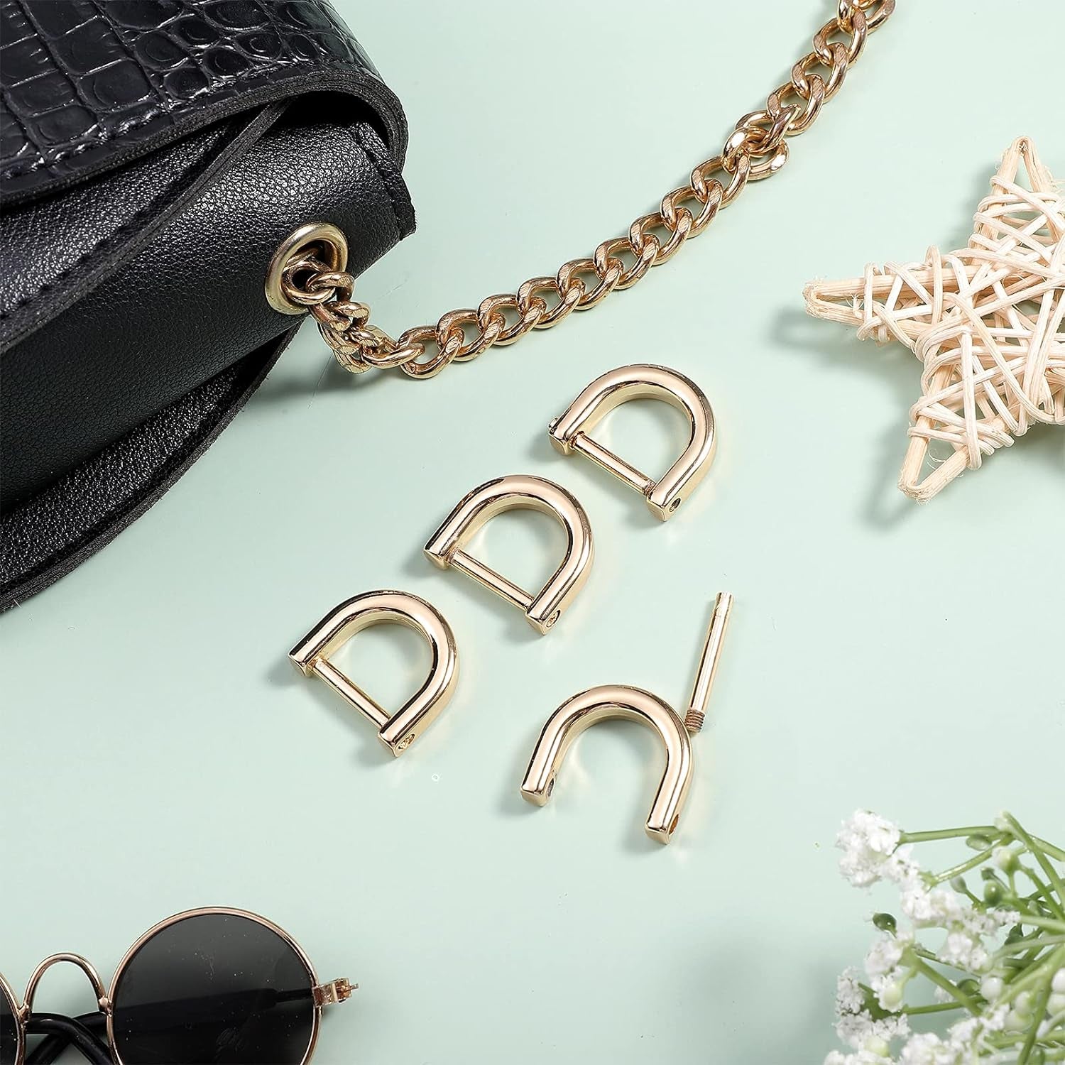 D-Rings Screw in Shackle Horseshoe U Shape D Ring DIY Leather Craft Purse Keychain Accessories for Strap 2Cm (Gold)