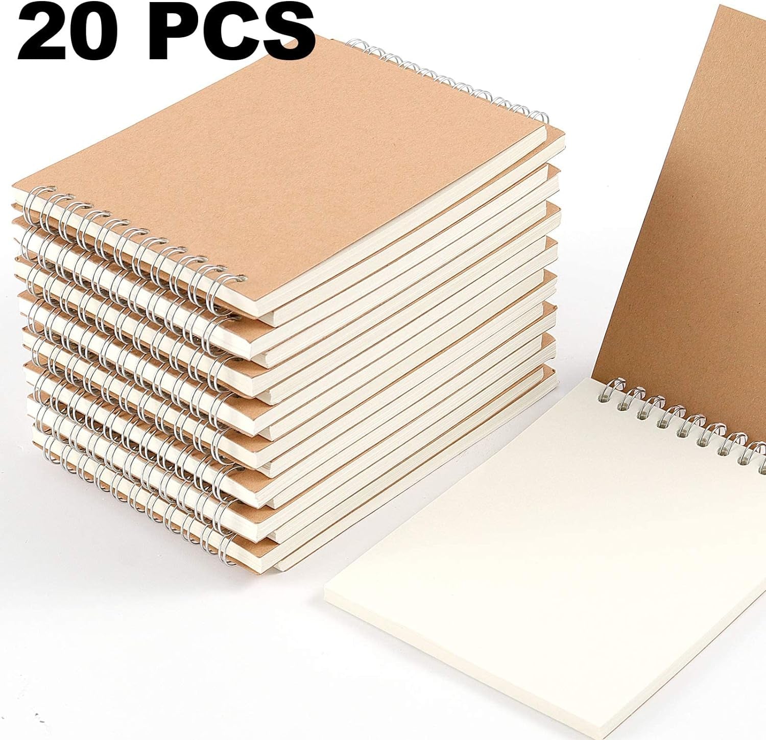 20 PCS A6 Size Top Spiral Bound Sketch Notebooks, Blank Kraft Brown Cardboard Cover Sketch Pad for Animation, Sketching, Drawing, Doodling and Journaling, 60 Sheets for Each Pad
