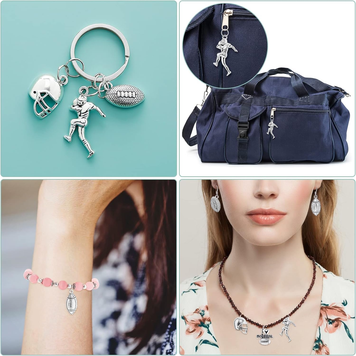 70 Pieces Football Charms Mixed Silver Football Player'S Bat Beads Pendants Necklace Crafting Sport Charms Jewelry Making Findings Accessory DIY Necklace Bracelet