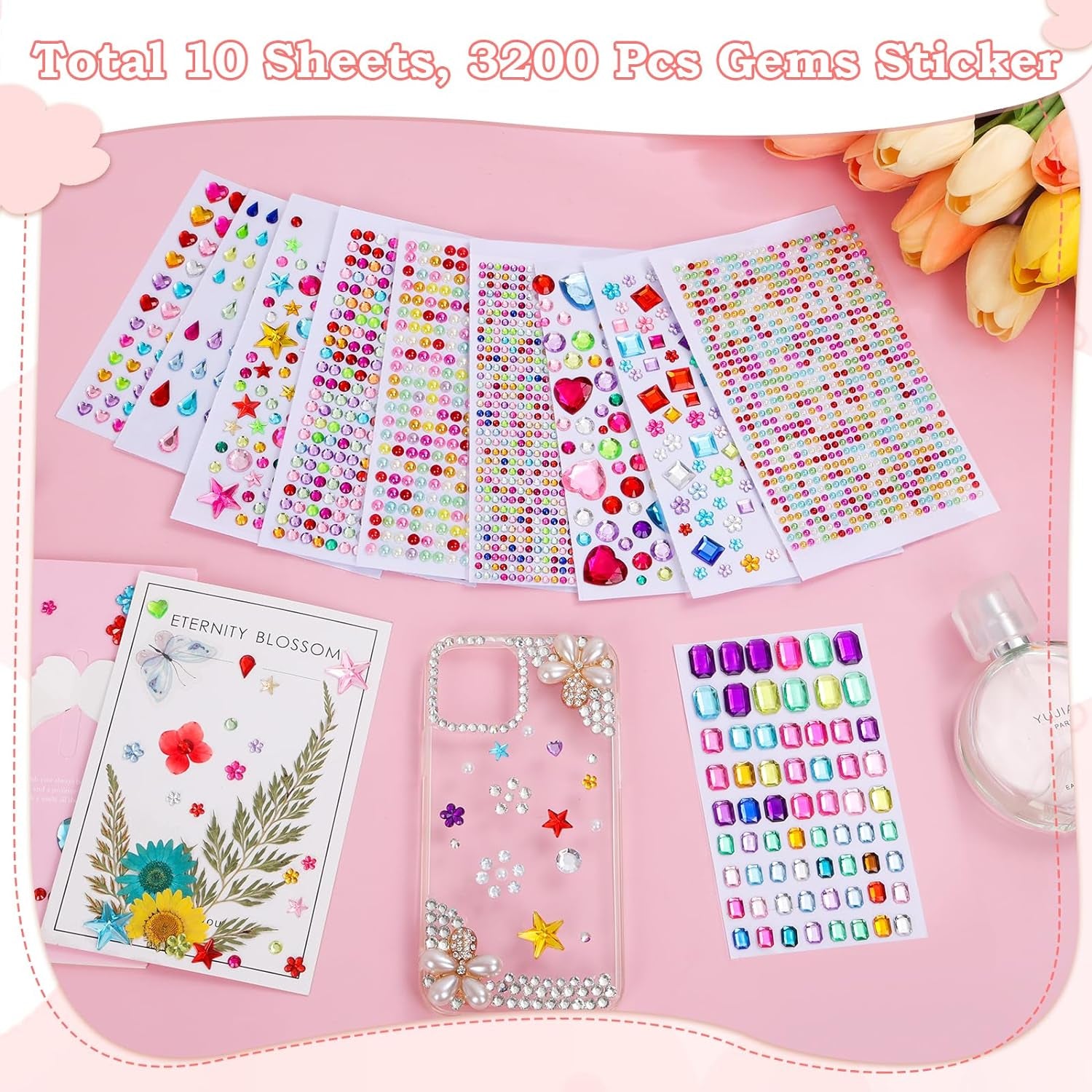 3500 Pcs Gems Stickers for Kids Crafts, 10 Sheets Self Adhesive Gems Jewels Stickers for Crafts, Bling Gemstone Stickers Decorative Diamond for Makeup & DIY, Multi Colors, Shapes, Sizes
