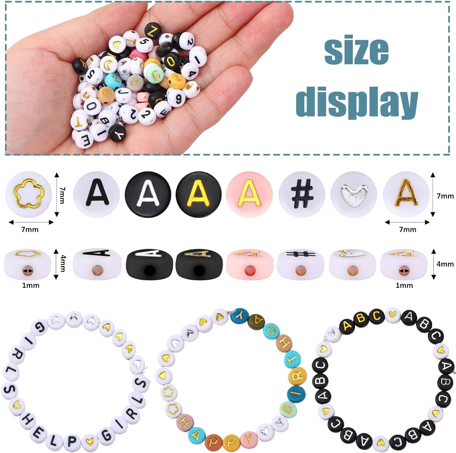 2000Pcs Letter Beads for Bracelets, 9 Color round Alphabet Number Beads with 1 Roll Elastic String for Bracelet Necklace Jewelry Making Supplies (7X4Mm)