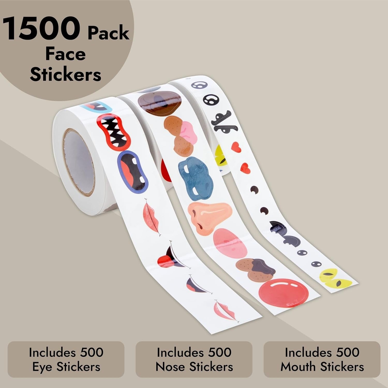 1500 Pack of Face Stickers for Kids, Silly Eyes, Nose, and Mouth for Crafts (3 Rolls)