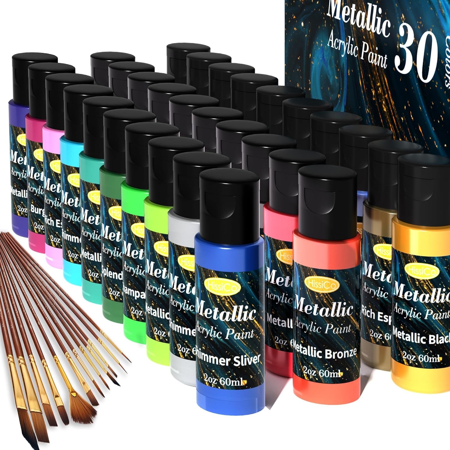 Metallic Acrylic Paint Set of Premium 24 Colors with 12 Brushes，Professional Grade Metallic Paints with Bottles (2Fl Oz 60Ml), Rich Pigments of Non Fading and Toxic Paints for Artist Hobby Painters