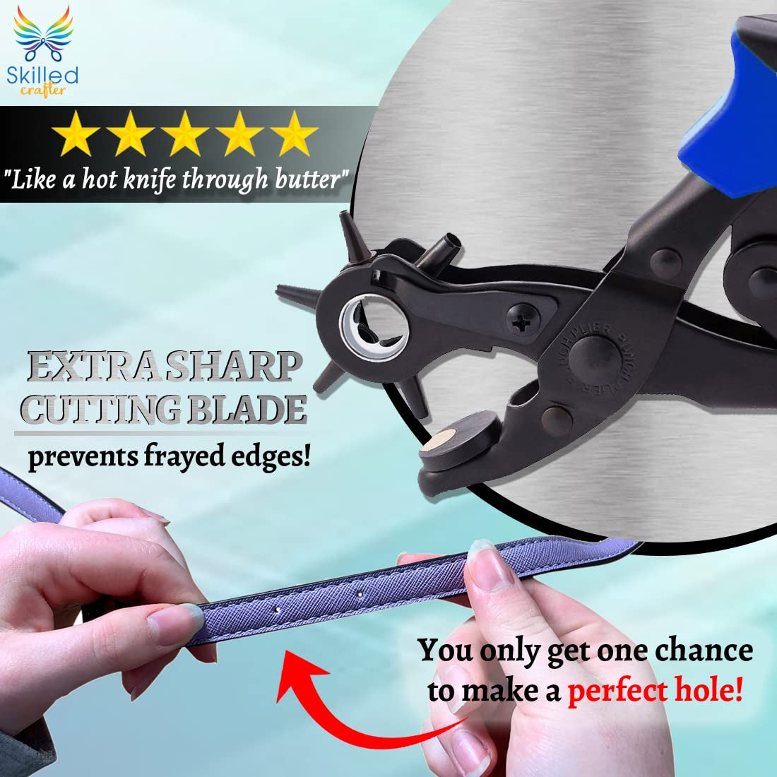 Leather Hole Punch & Belt Hole Puncher Easily Punches Perfect round Holes. Bonus Ruler & Awl Tool. Leather Punch Tool for Watch or Bag Strap, Fabric, Eyelet - Precision Crafting & Professional Results