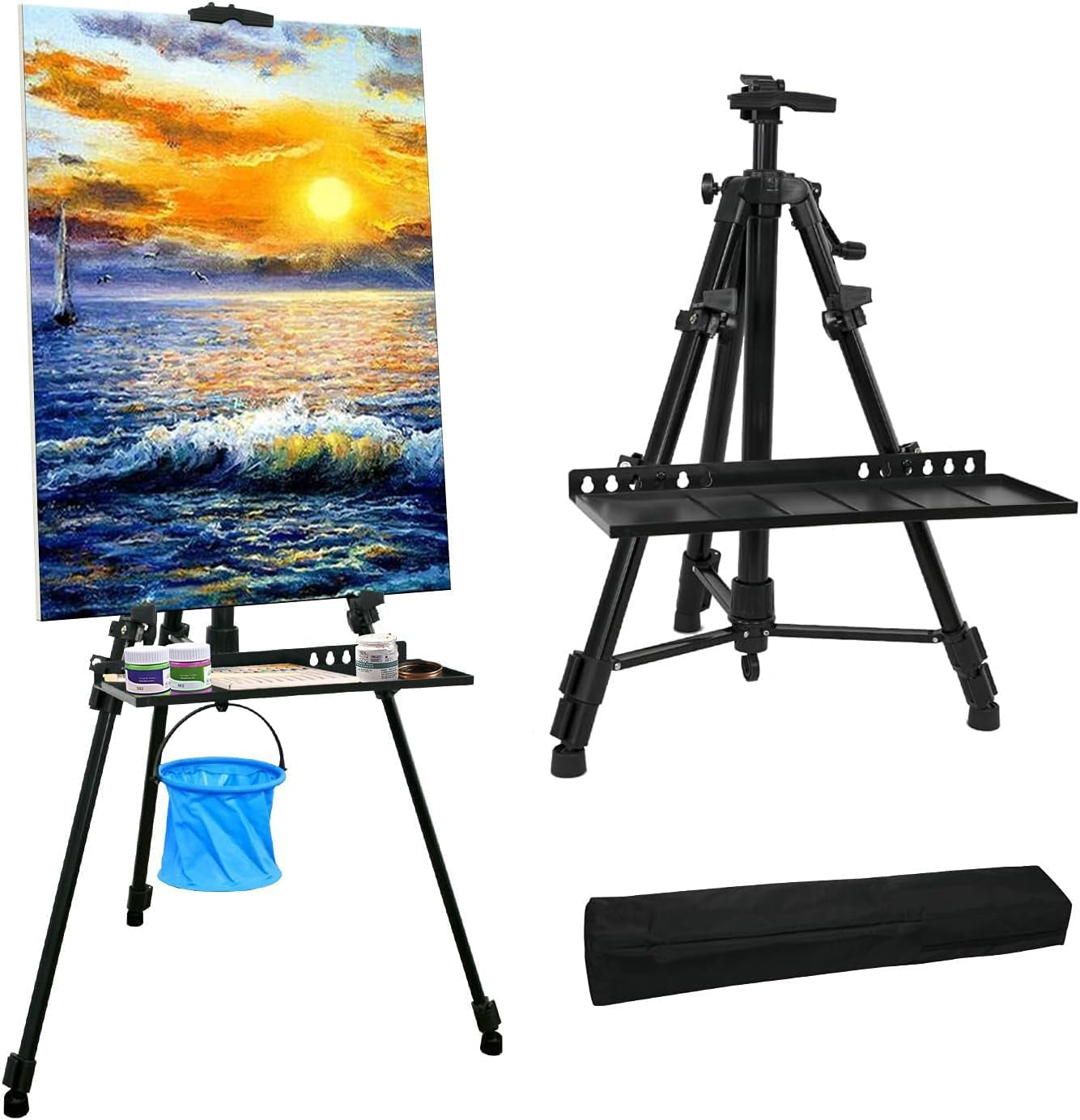 Artist Easel Stand Painting Stand Art Easel, 20"To 61" Art Easel for Painting Canvase &amp; Displaying, Aluminum Adjustable Height Display Tripod with Portable Bag/Folding Keg/Apron.(Black)