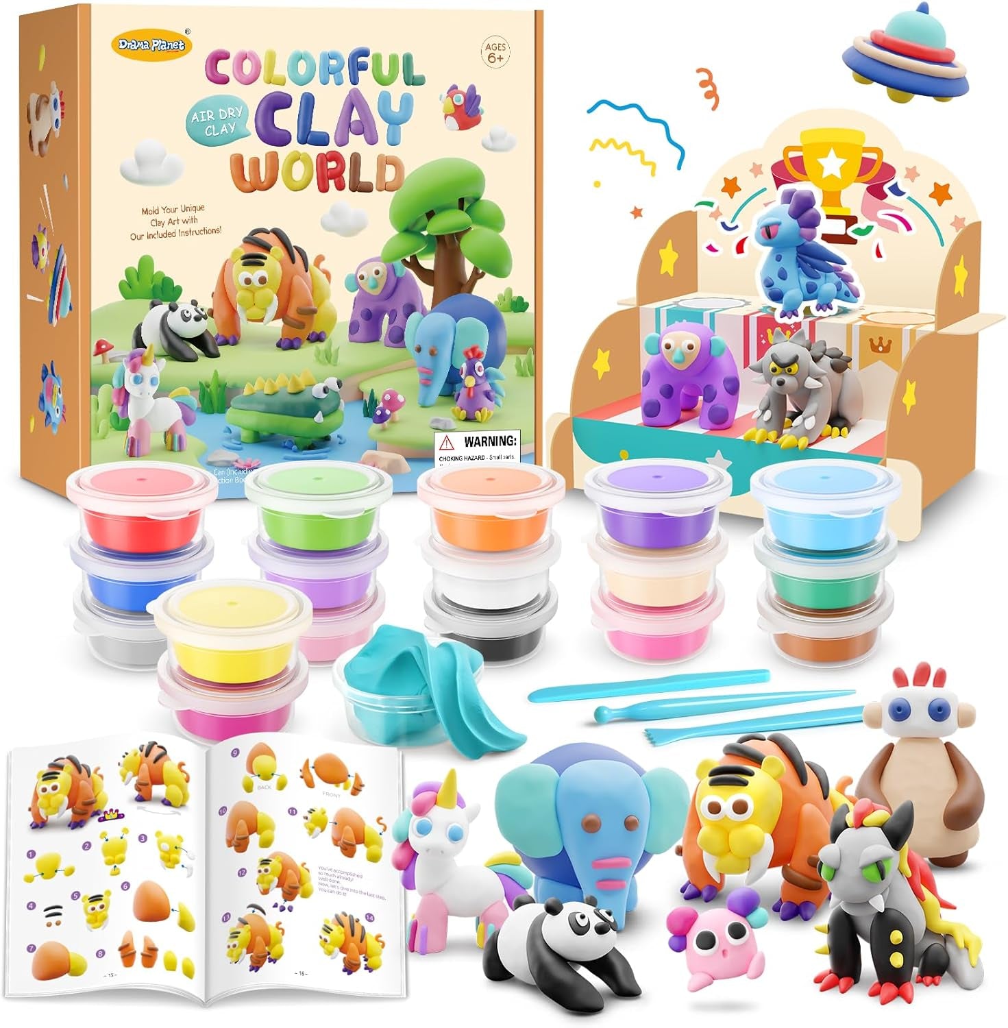 Air Dry Clay Kit for Kids - Comes with Instructional Guide Featuring 4 Scenes &amp; 26 Projects Tutorials, 18 Cans of Modeling Clay, Includes Display Stand, Gift for Girls and Boys