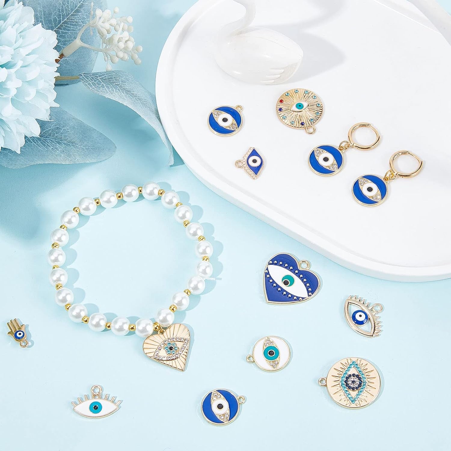 1 Box 40Pcs Evil Eye Charms Evil Eyes Charm Valentine'S Day Heart Charm Flat round Rhinestone Hamsa Hand Lucky Charms Love Charms for Jewelry Making Charm Earrings Necklace DIY Supplies
