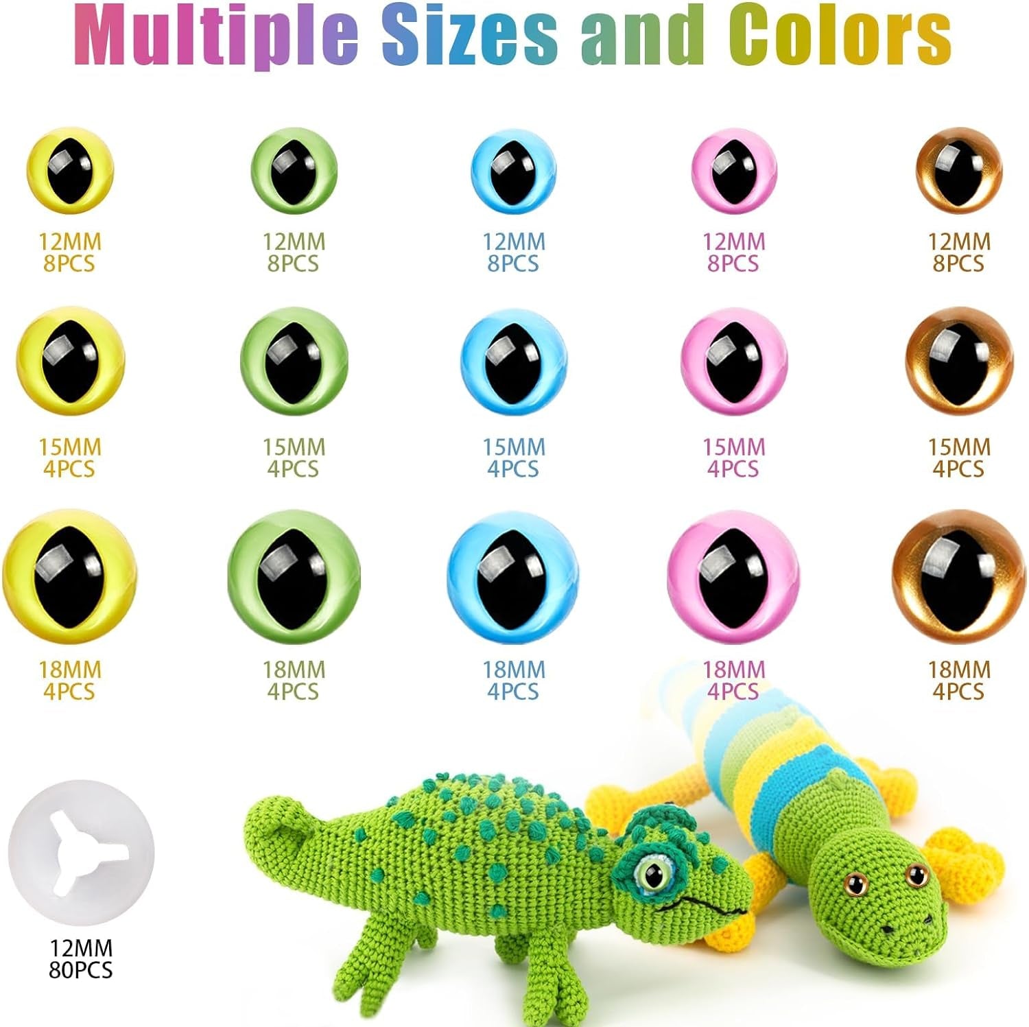 80Pcs 12-18Mm Plastic Safety Eyes for Amigurumi Cat Eyes for Craft Safety Eyes for Crochet Doll Dragon Eyes for Stuffed Animals with Washers for DIY Crafts,Puppet Decorations(5 Colors)