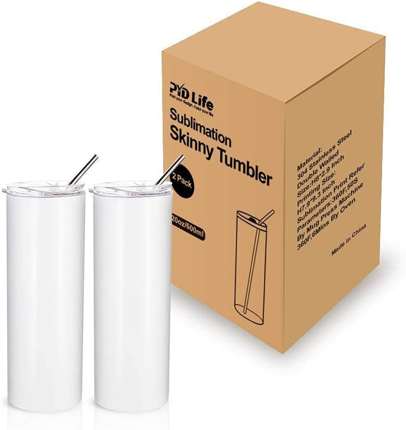 2 PCS Sublimation Blanks Skinny Tumbler White 20 OZ Straight Double Wall Stainless Steel Tumbler with Metal Straw Tumbler Cups for Tumbler Heat Press Machine Heat Transfer