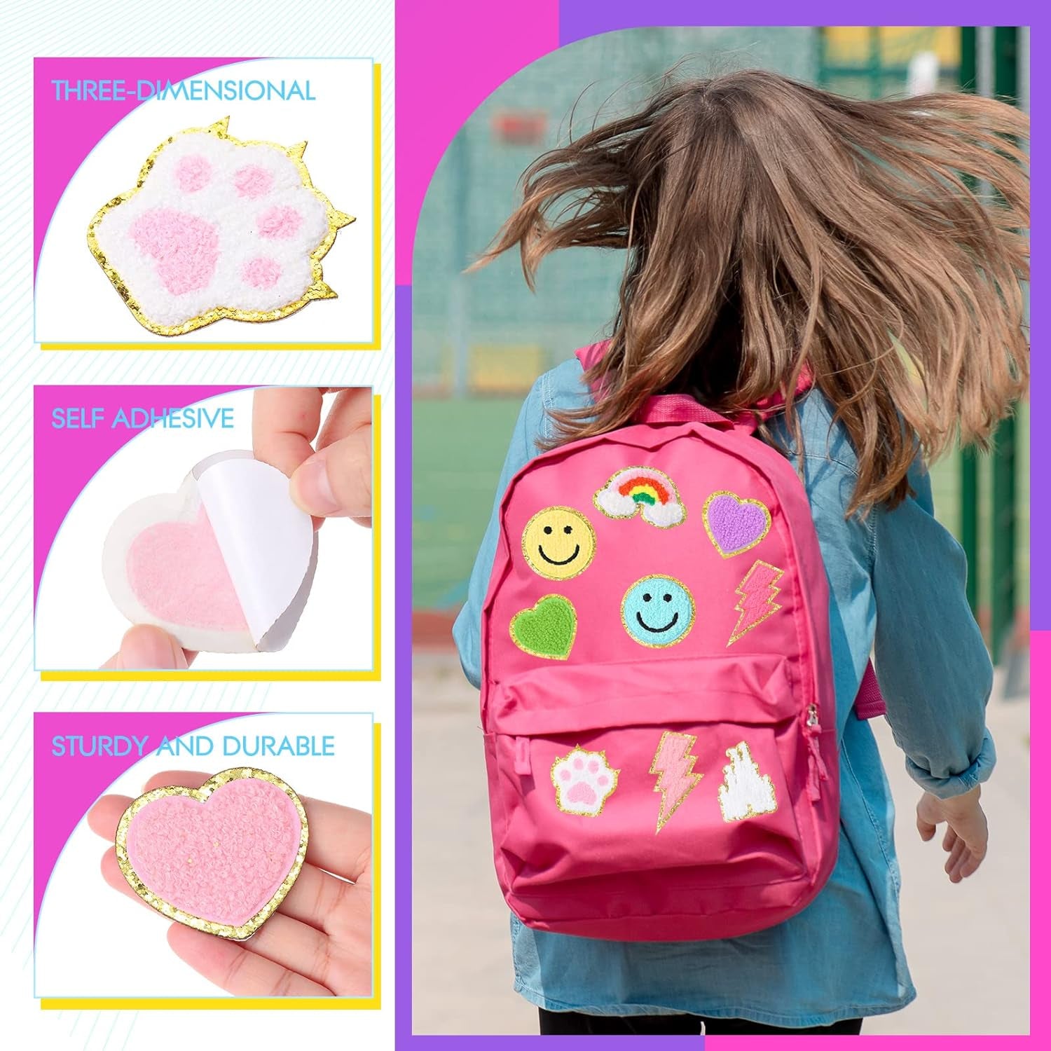 40 Pcs Self Adhesive Chenille Patches Colorful Cute Chenille Embroidered Patches Glitter Chenille Patches Sticker Applique for Clothing Fabric Jacket DIY Backpack Repair Decor(Cute)
