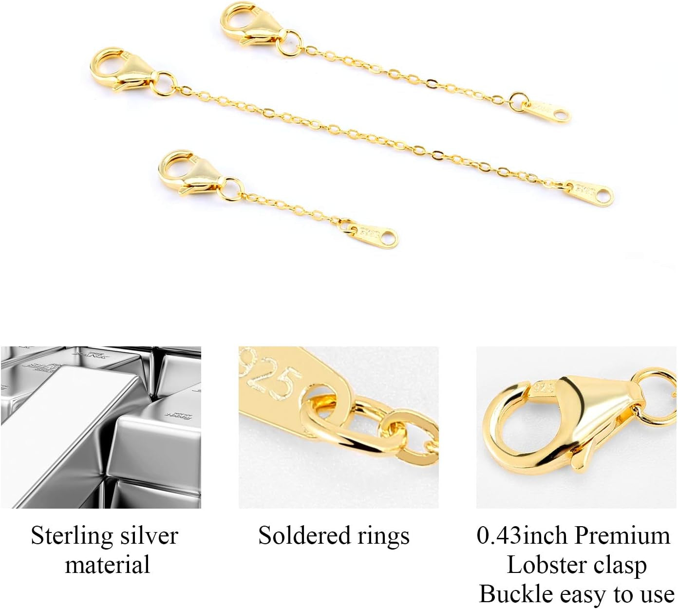 Extenders Chain Necklace 14K Gold Plated Sterling Silver Extension Chains for Jewelry Making(1 2 3 Inch)