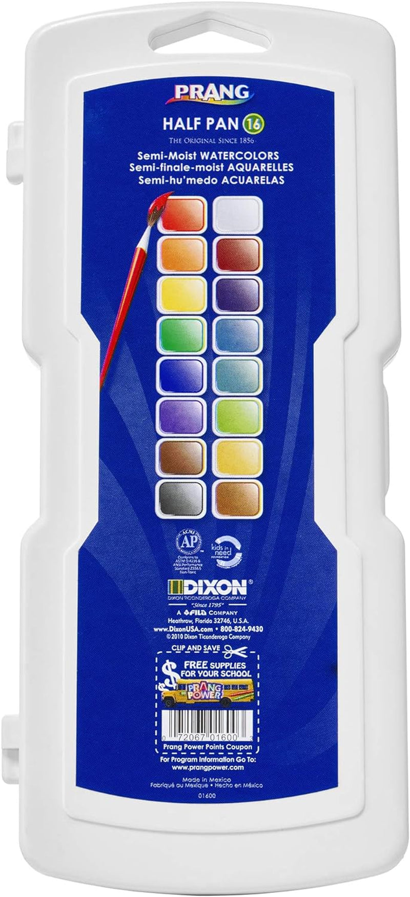 Half Pan Watercolor Paint Set with Brush and Lid, Refillable, 16 Assorted Colors, (01600), 18 Piece Set