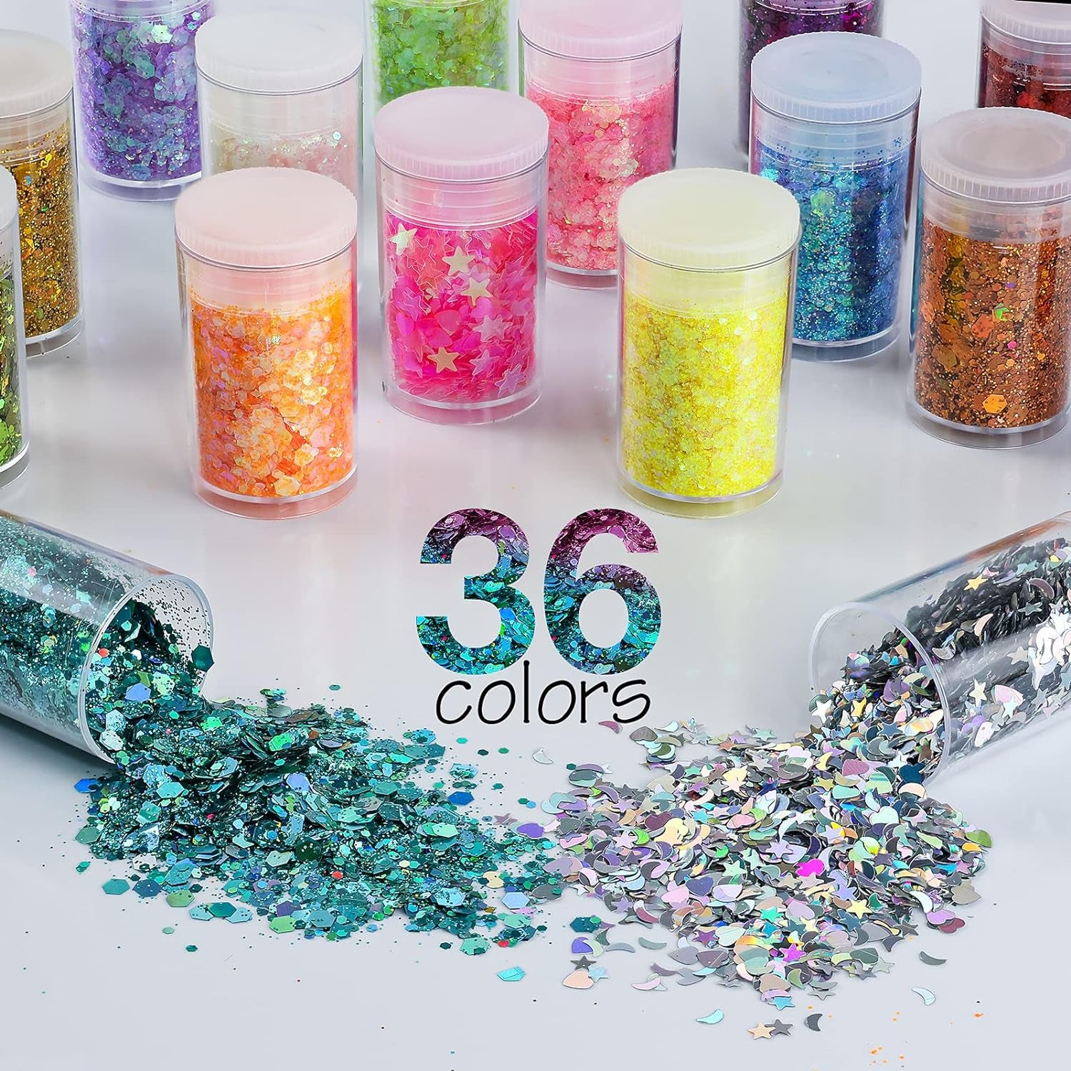 Holographic Chunky and Fine Glitter Mix, 36 Colors Chunky Sequins & Glitter Powder Mix, Iridescent Cosmetic Glitter Flakes for Nail Art Face Body Eye Makeup, Craft Glitter for Epoxy Resin Tumblers