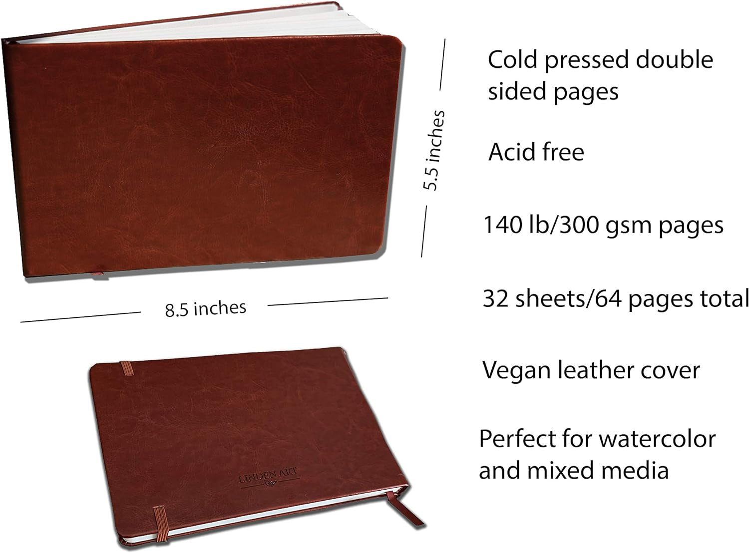 Watercolor Journal, 140 Lb (300 GSM), 64 Cold Pressed 8.5"X5.5" Pages, Watercolor and Mixed Media Travel Journal, Brown PU Leather Hard Cover