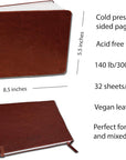 Watercolor Journal, 140 Lb (300 GSM), 64 Cold Pressed 8.5"X5.5" Pages, Watercolor and Mixed Media Travel Journal, Brown PU Leather Hard Cover