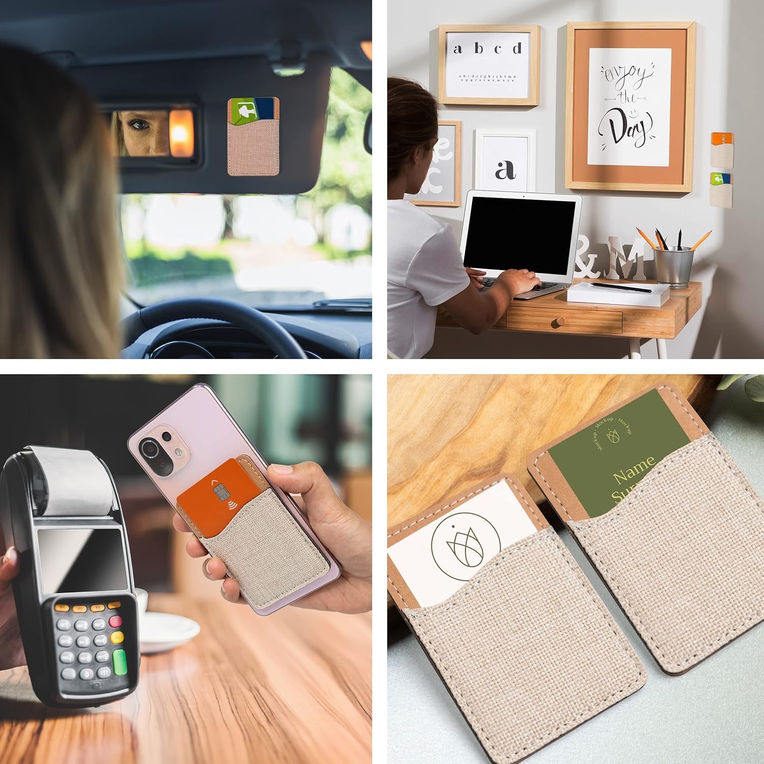 Sublimation Blanks Phone Wallet - PU Leather Card Holder for Back of Phone Stick on Iphone Android HTV Friendly DIY Blanks for Vinyl Projects (Beige Polyester Burlap)